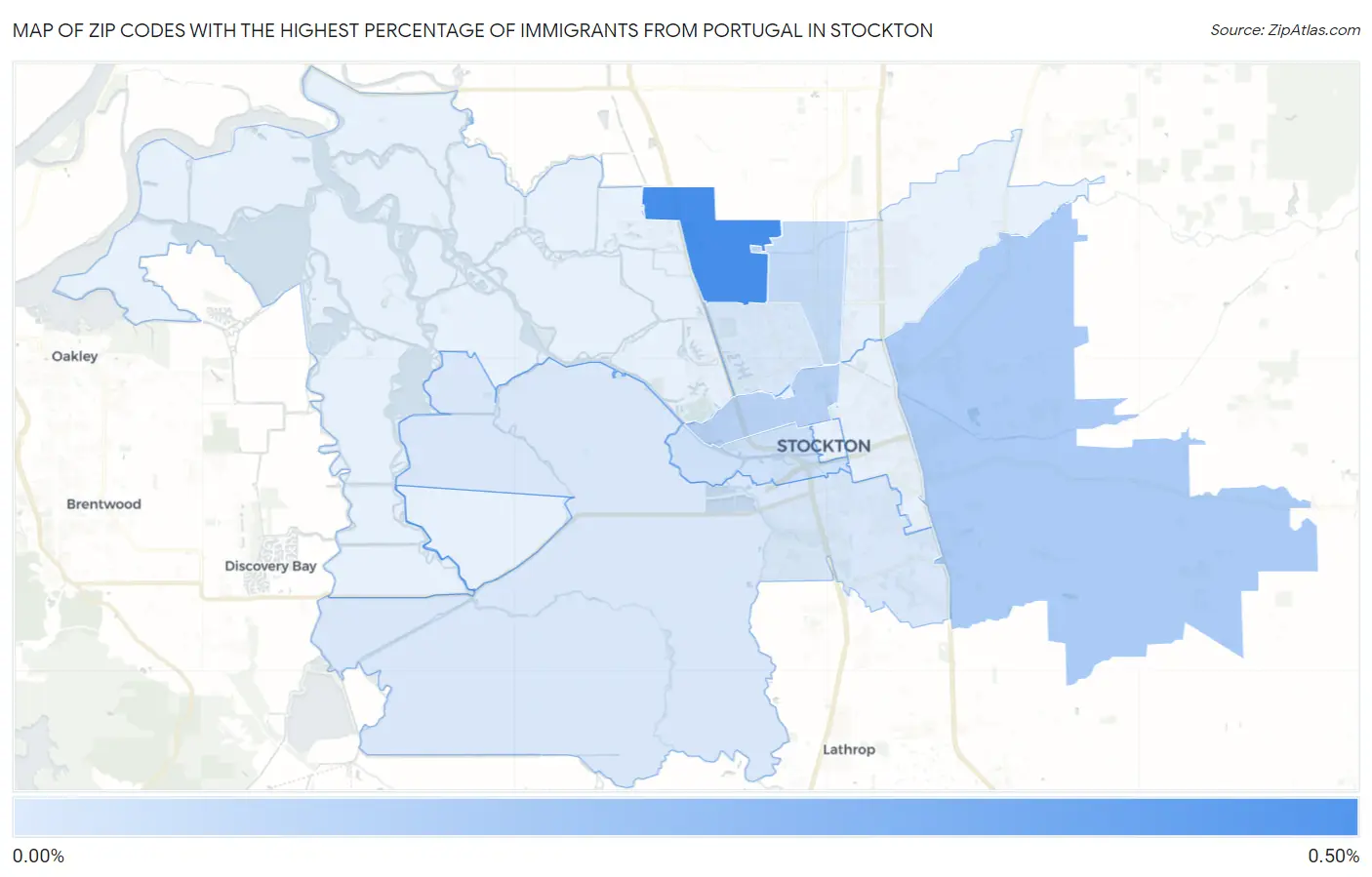 Zip Codes with the Highest Percentage of Immigrants from Portugal in Stockton Map