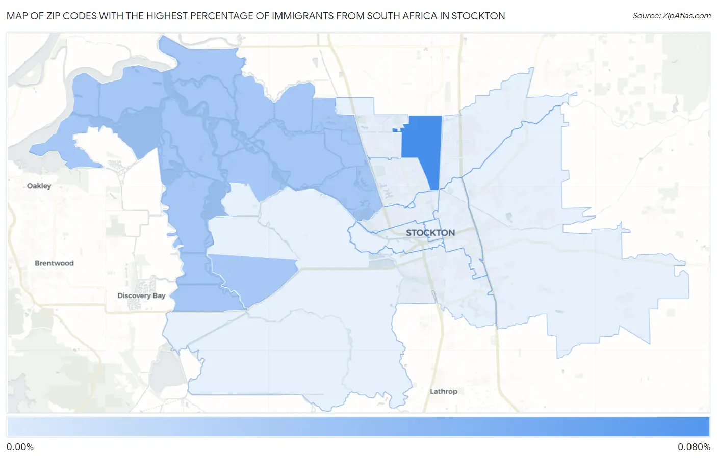 Zip Codes with the Highest Percentage of Immigrants from South Africa in Stockton Map