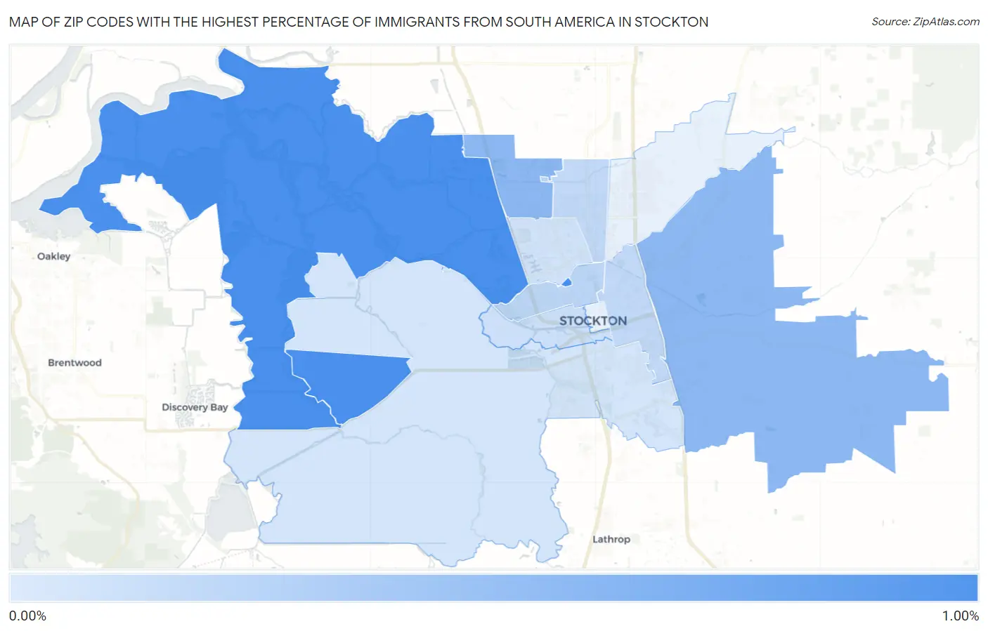 Zip Codes with the Highest Percentage of Immigrants from South America in Stockton Map