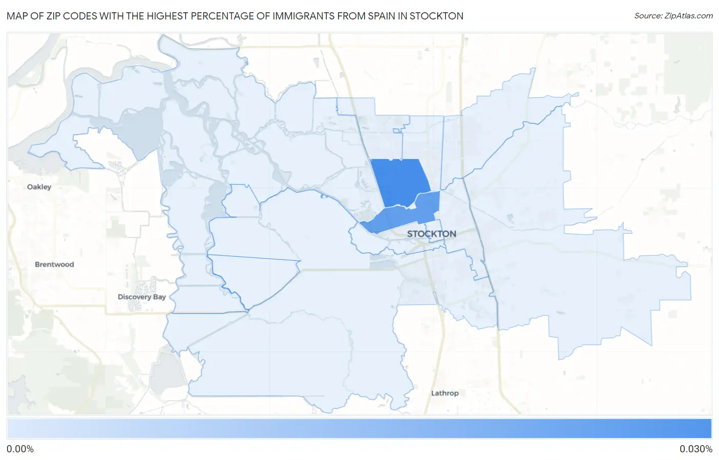 Zip Codes with the Highest Percentage of Immigrants from Spain in Stockton Map