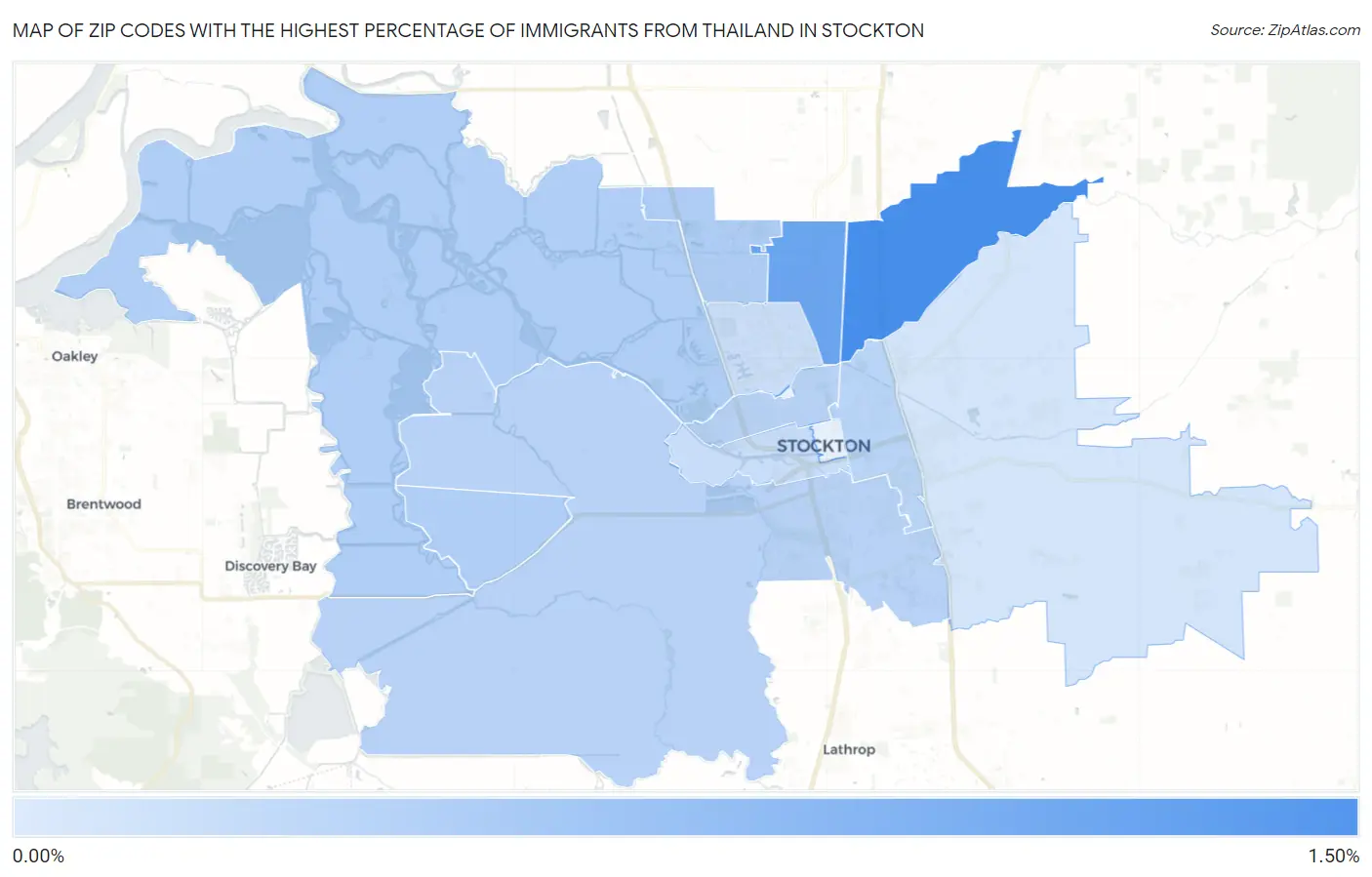 Zip Codes with the Highest Percentage of Immigrants from Thailand in Stockton Map