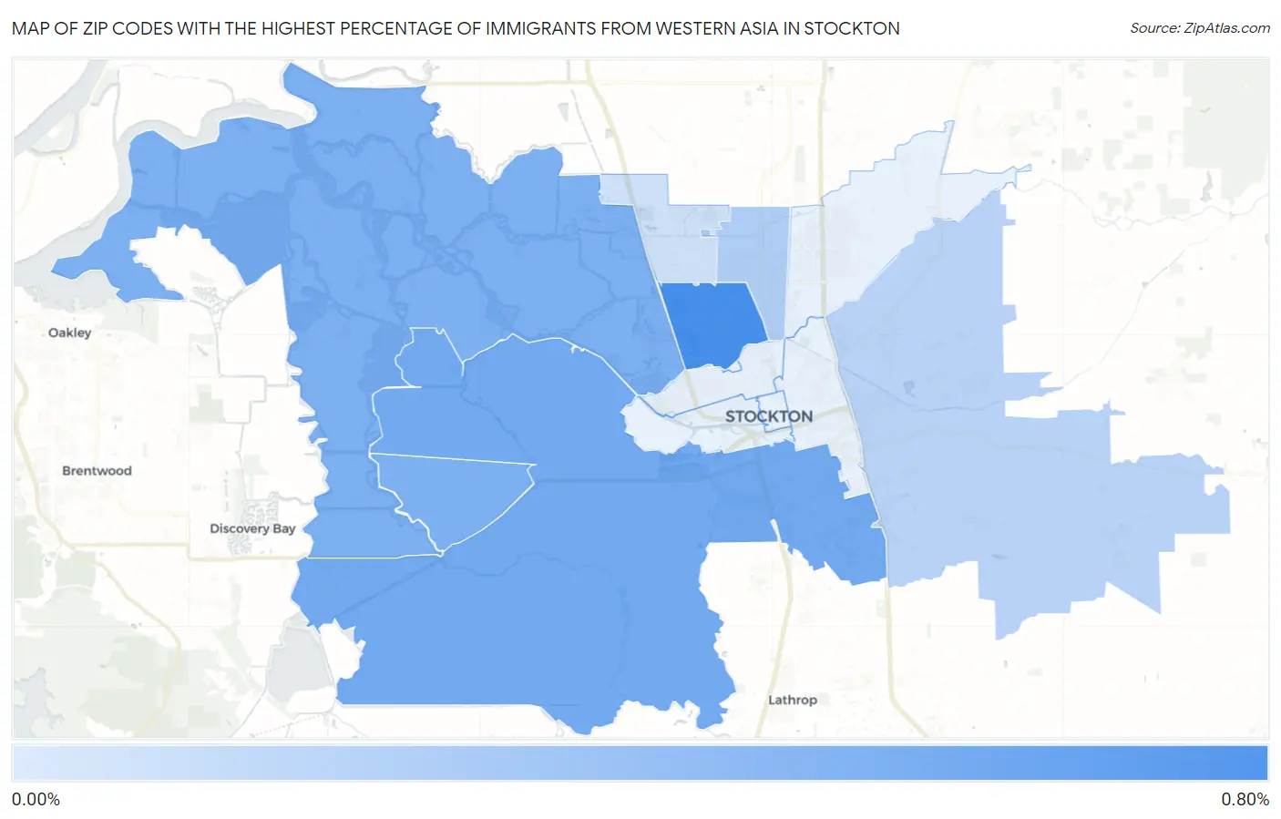 Zip Codes with the Highest Percentage of Immigrants from Western Asia in Stockton Map