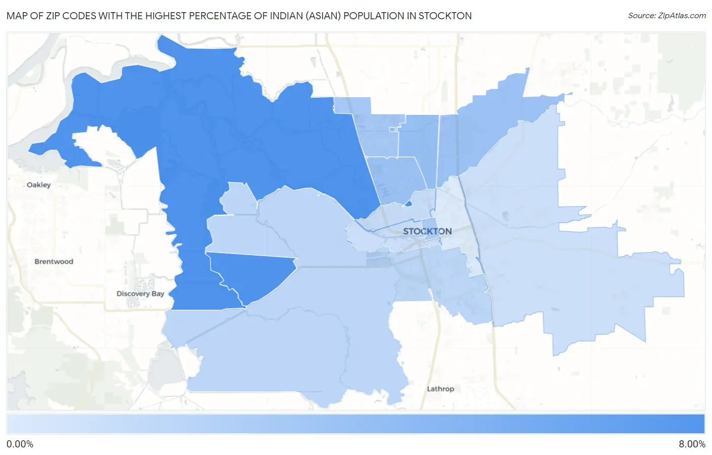 Zip Codes with the Highest Percentage of Indian (Asian) Population in Stockton Map