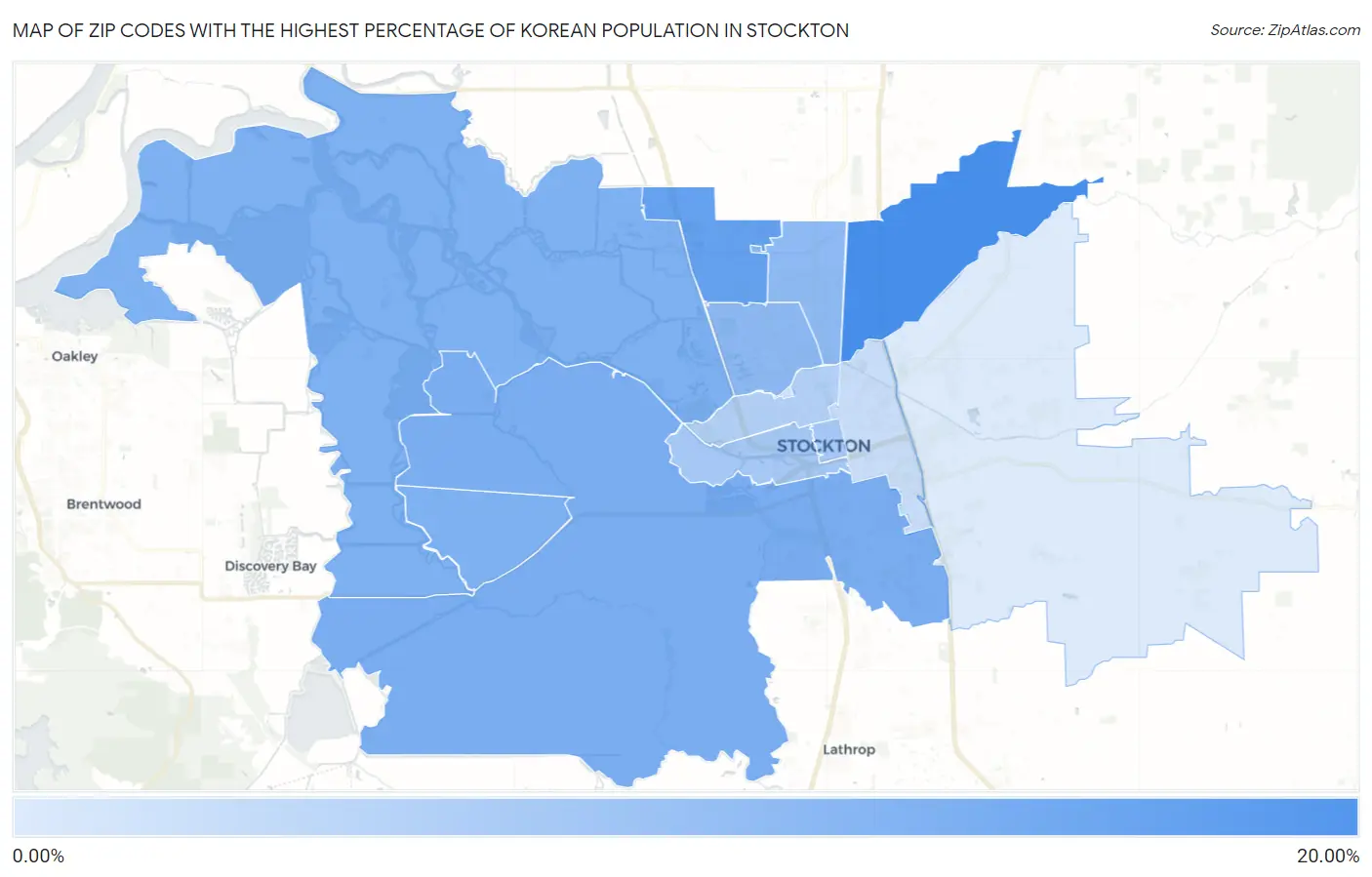 Zip Codes with the Highest Percentage of Korean Population in Stockton Map