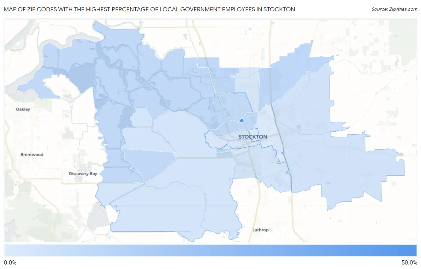 Zip Codes with the Highest Percentage of Local Government Employees in Stockton Map