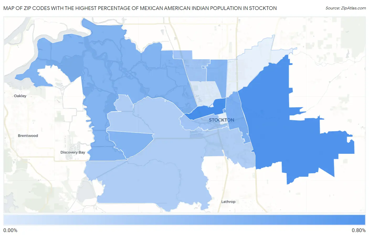 Zip Codes with the Highest Percentage of Mexican American Indian Population in Stockton Map