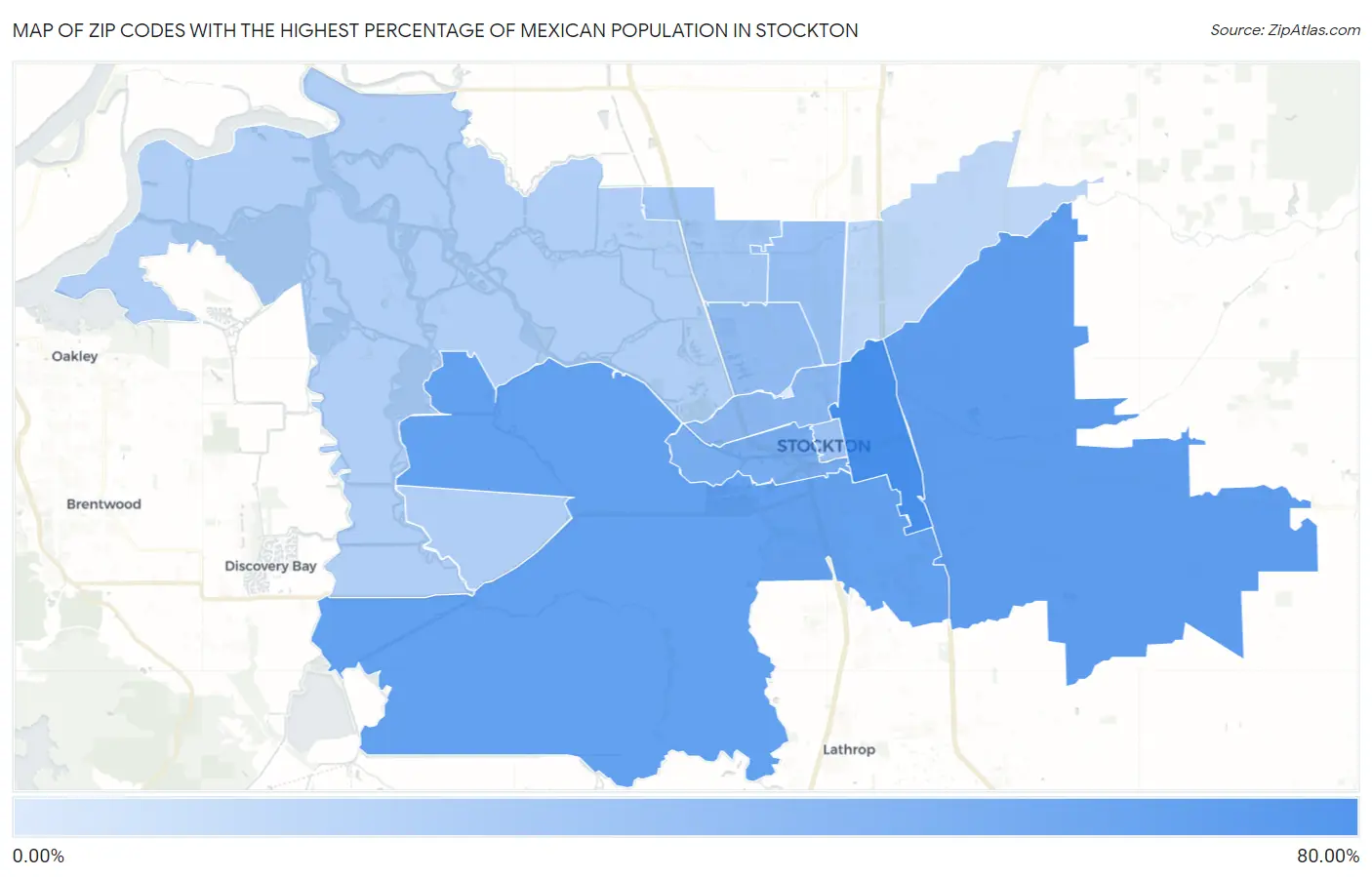 Zip Codes with the Highest Percentage of Mexican Population in Stockton Map
