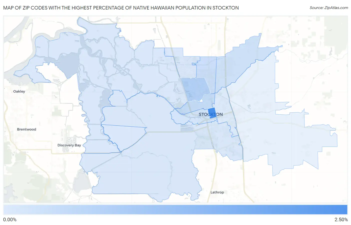 Zip Codes with the Highest Percentage of Native Hawaiian Population in Stockton Map