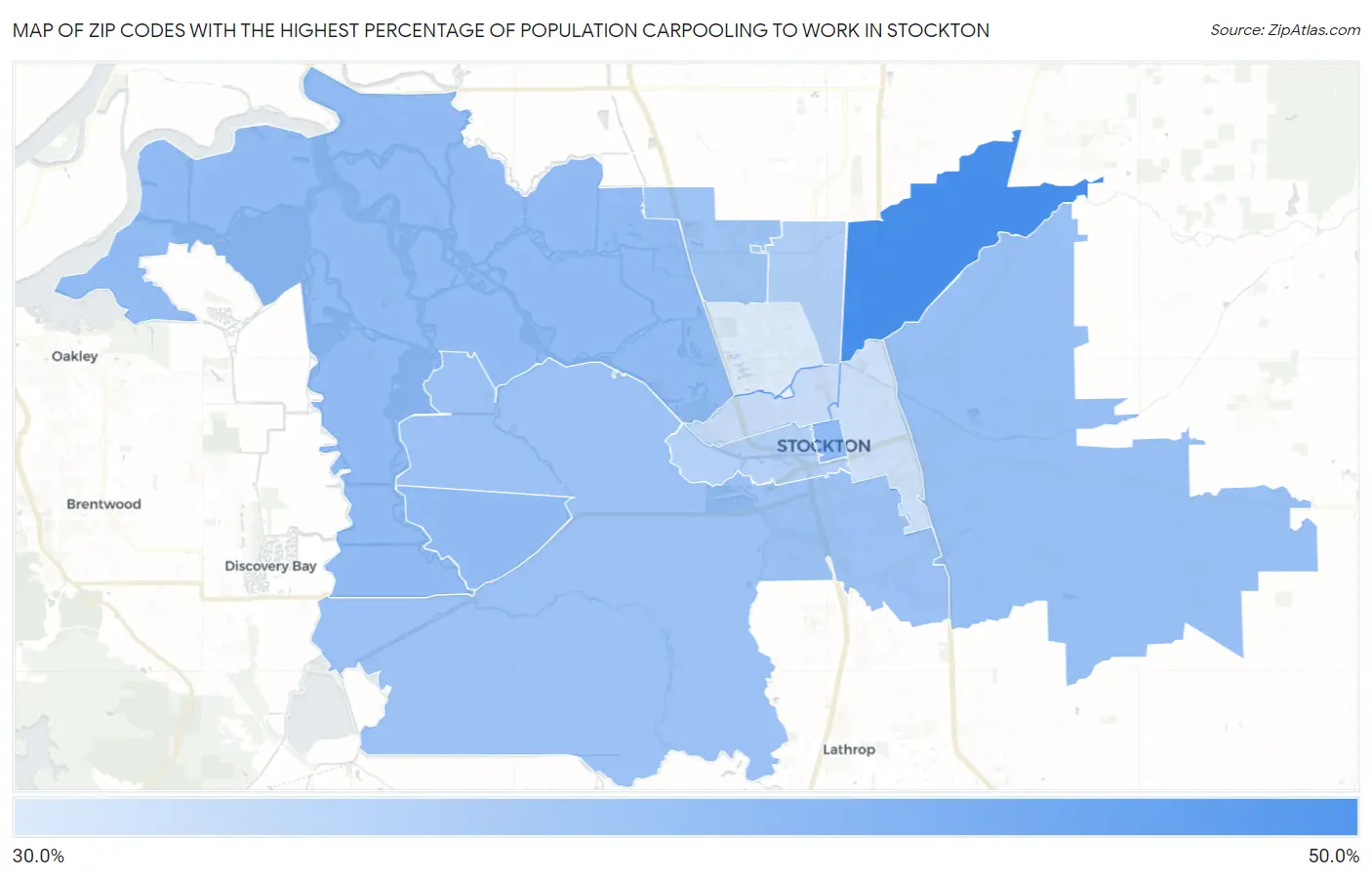 Zip Codes with the Highest Percentage of Population Carpooling to Work in Stockton Map