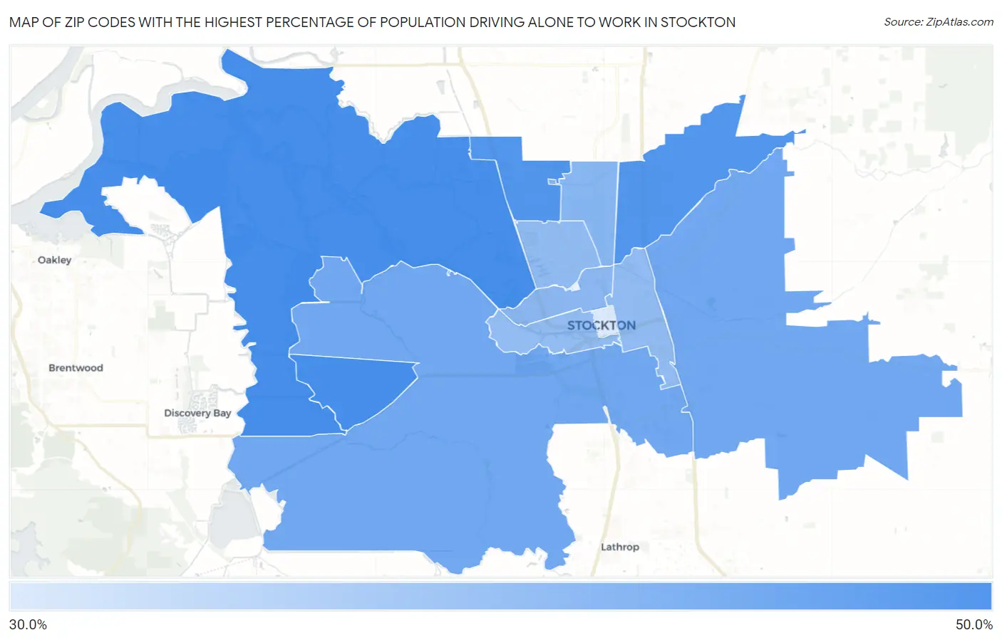Zip Codes with the Highest Percentage of Population Driving Alone to Work in Stockton Map