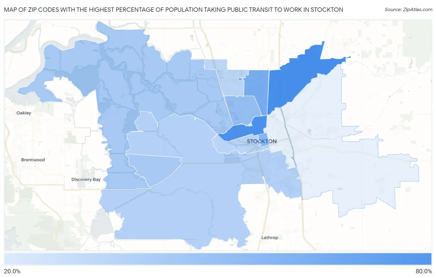 Zip Codes with the Highest Percentage of Population Taking Public Transit to Work in Stockton Map
