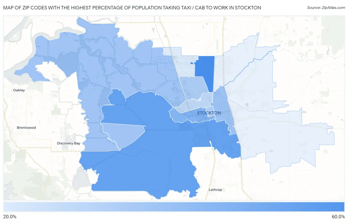 Zip Codes with the Highest Percentage of Population Taking Taxi / Cab to Work in Stockton Map
