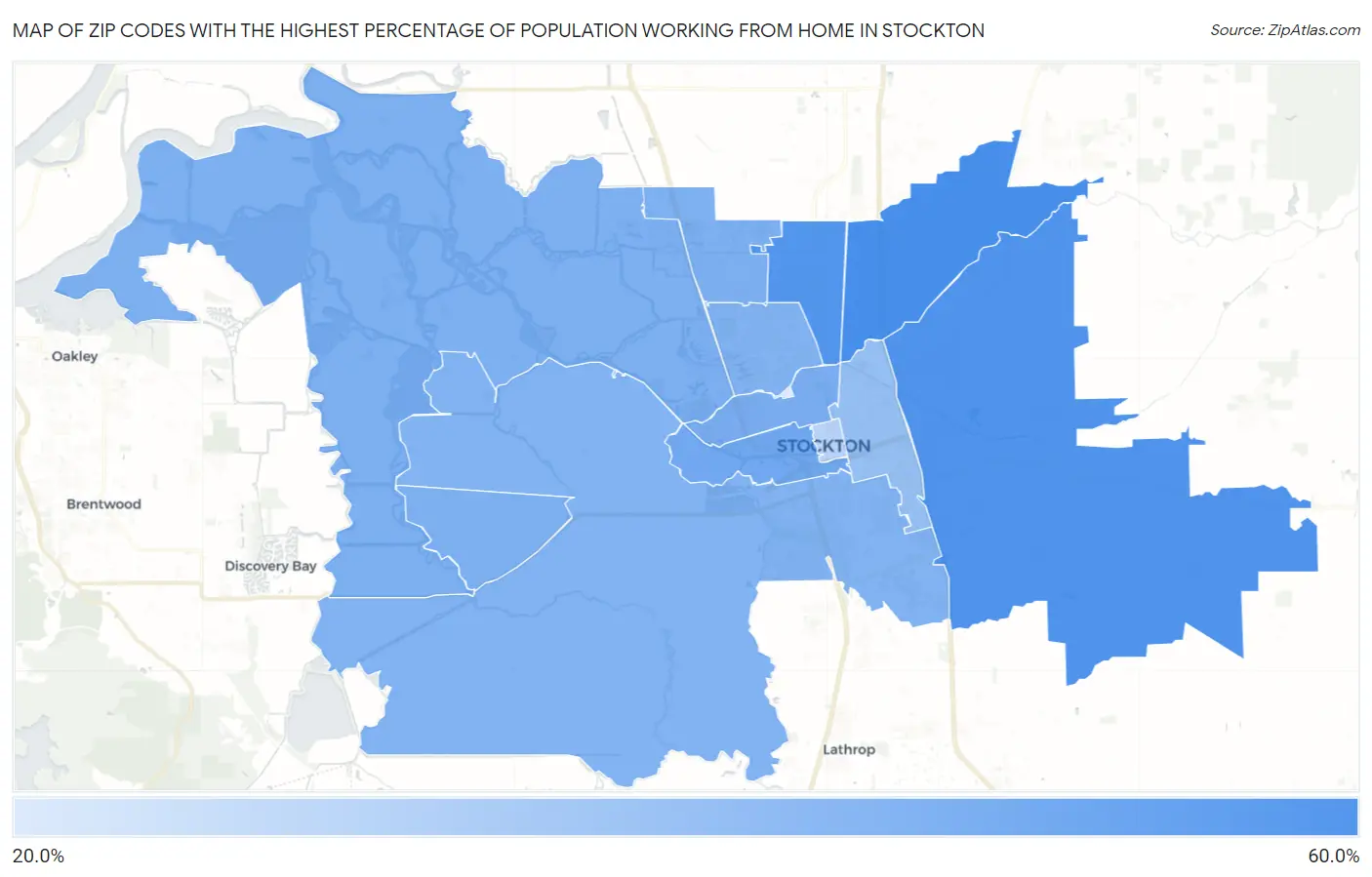 Zip Codes with the Highest Percentage of Population Working from Home in Stockton Map