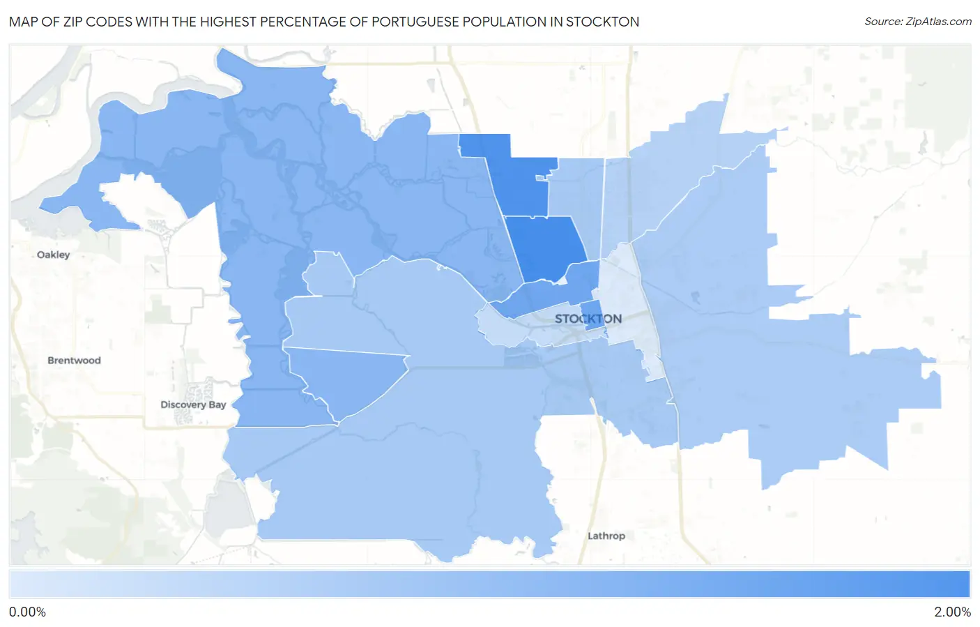 Zip Codes with the Highest Percentage of Portuguese Population in Stockton Map