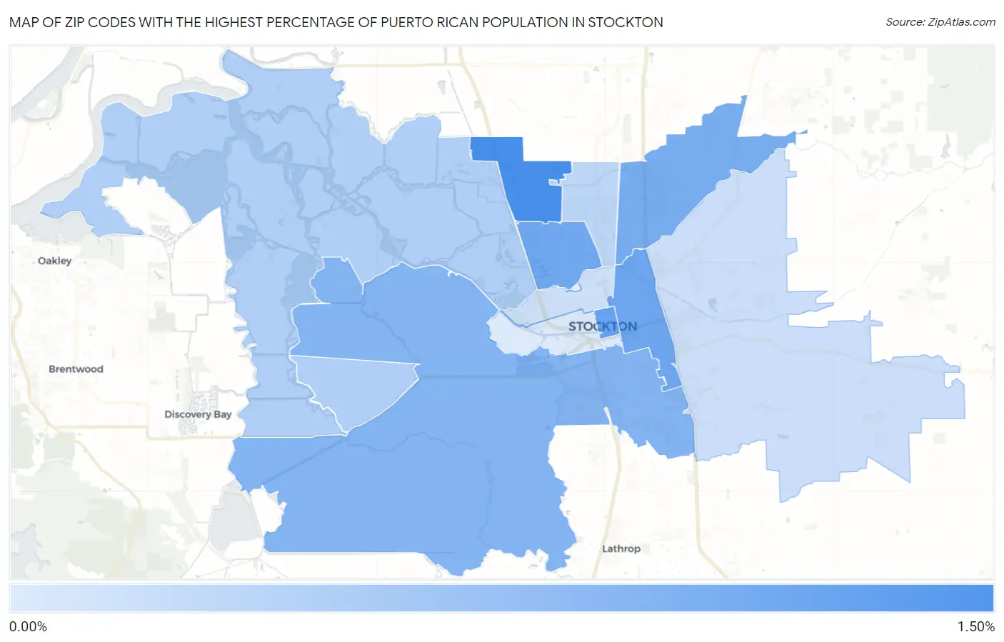 Zip Codes with the Highest Percentage of Puerto Rican Population in Stockton Map