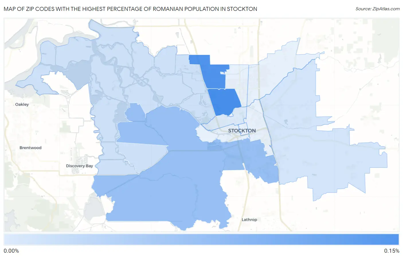 Zip Codes with the Highest Percentage of Romanian Population in Stockton Map