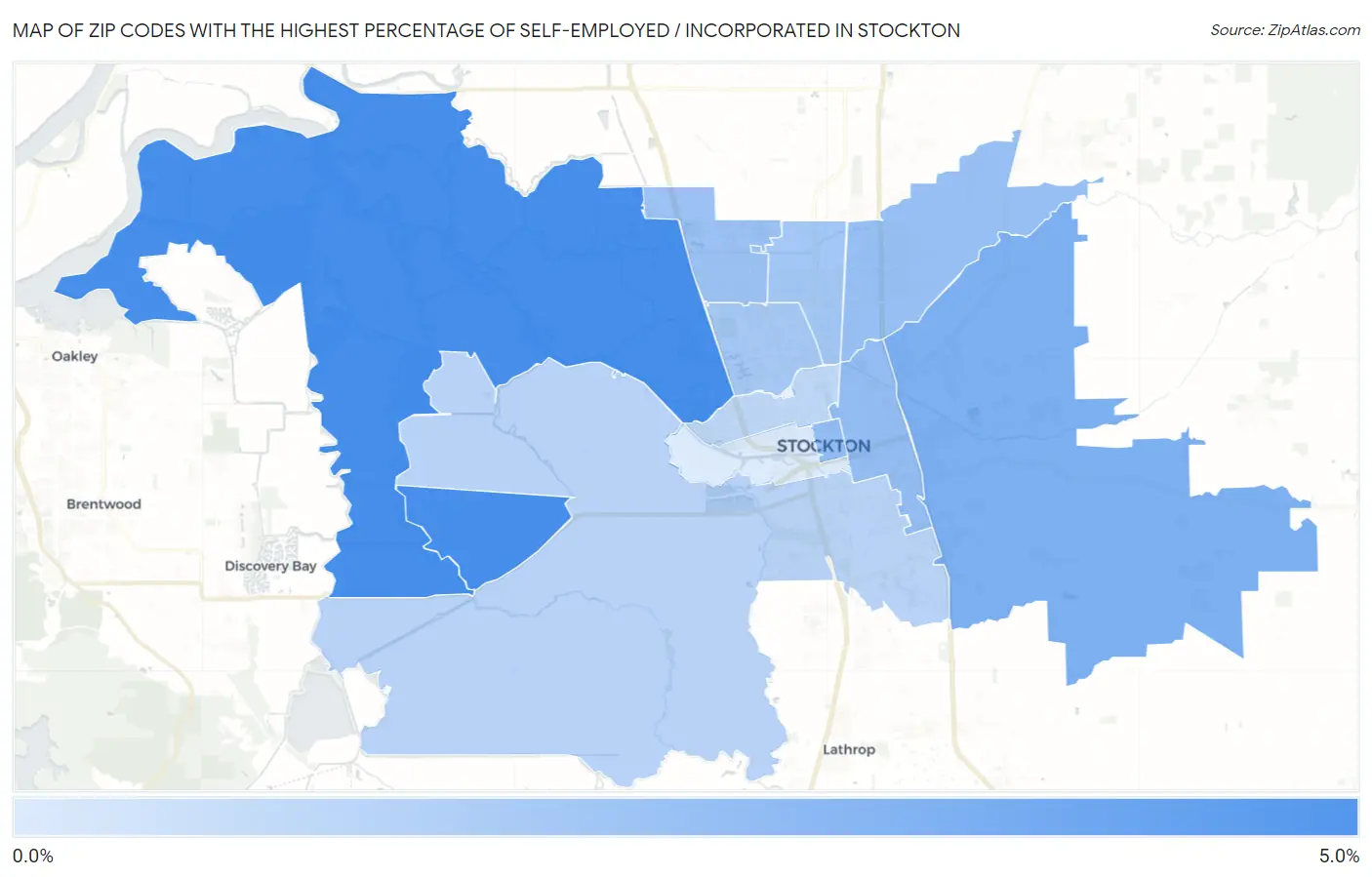 Zip Codes with the Highest Percentage of Self-Employed / Incorporated in Stockton Map