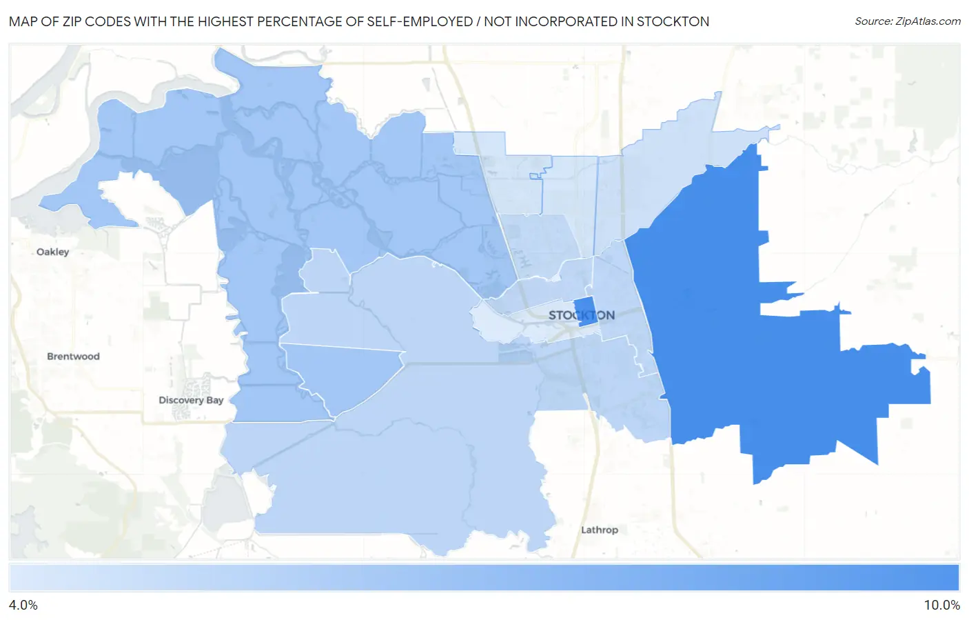 Zip Codes with the Highest Percentage of Self-Employed / Not Incorporated in Stockton Map