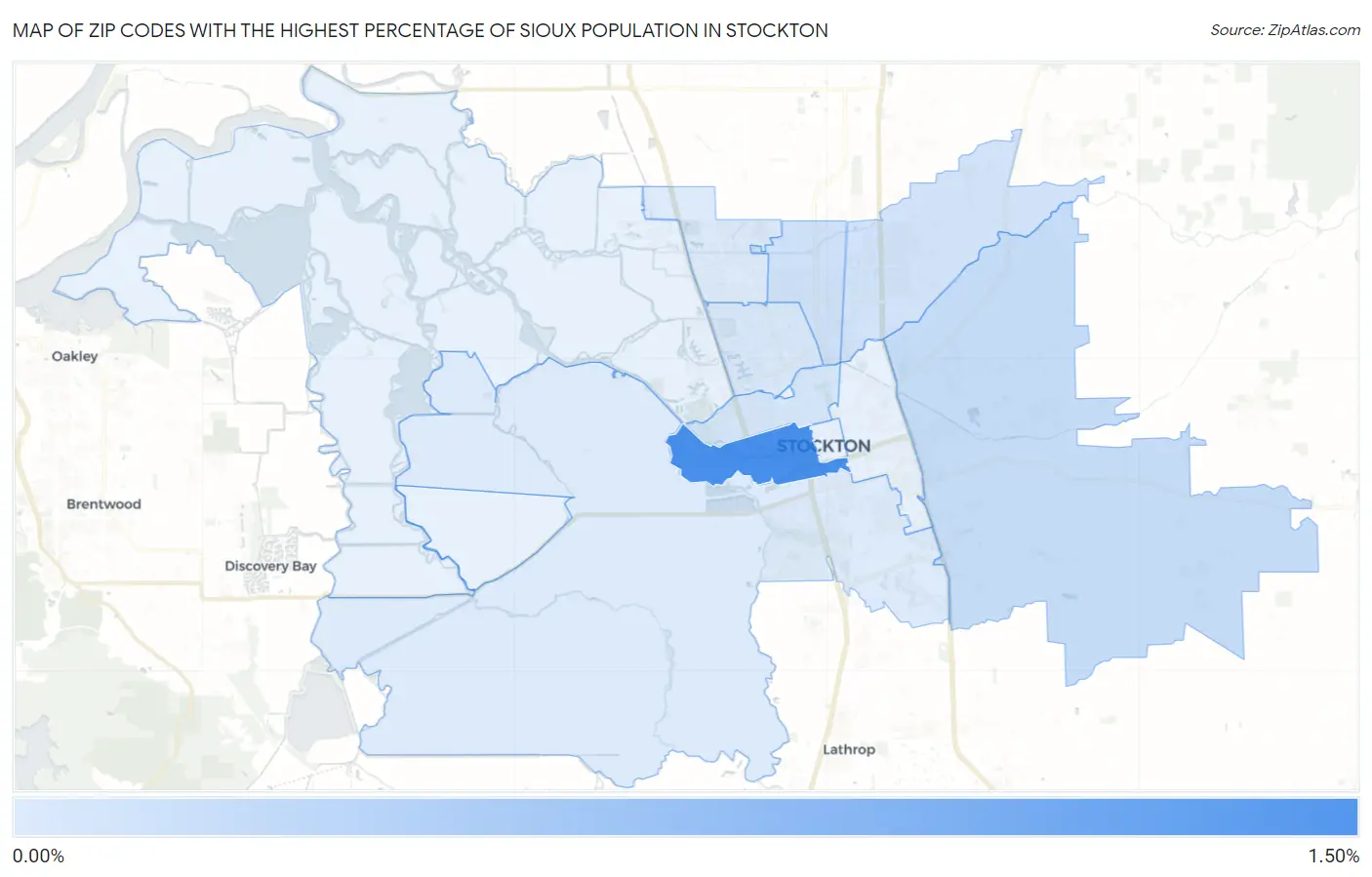 Zip Codes with the Highest Percentage of Sioux Population in Stockton Map