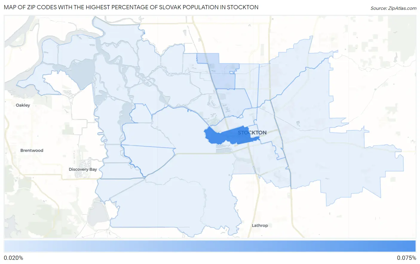 Zip Codes with the Highest Percentage of Slovak Population in Stockton Map