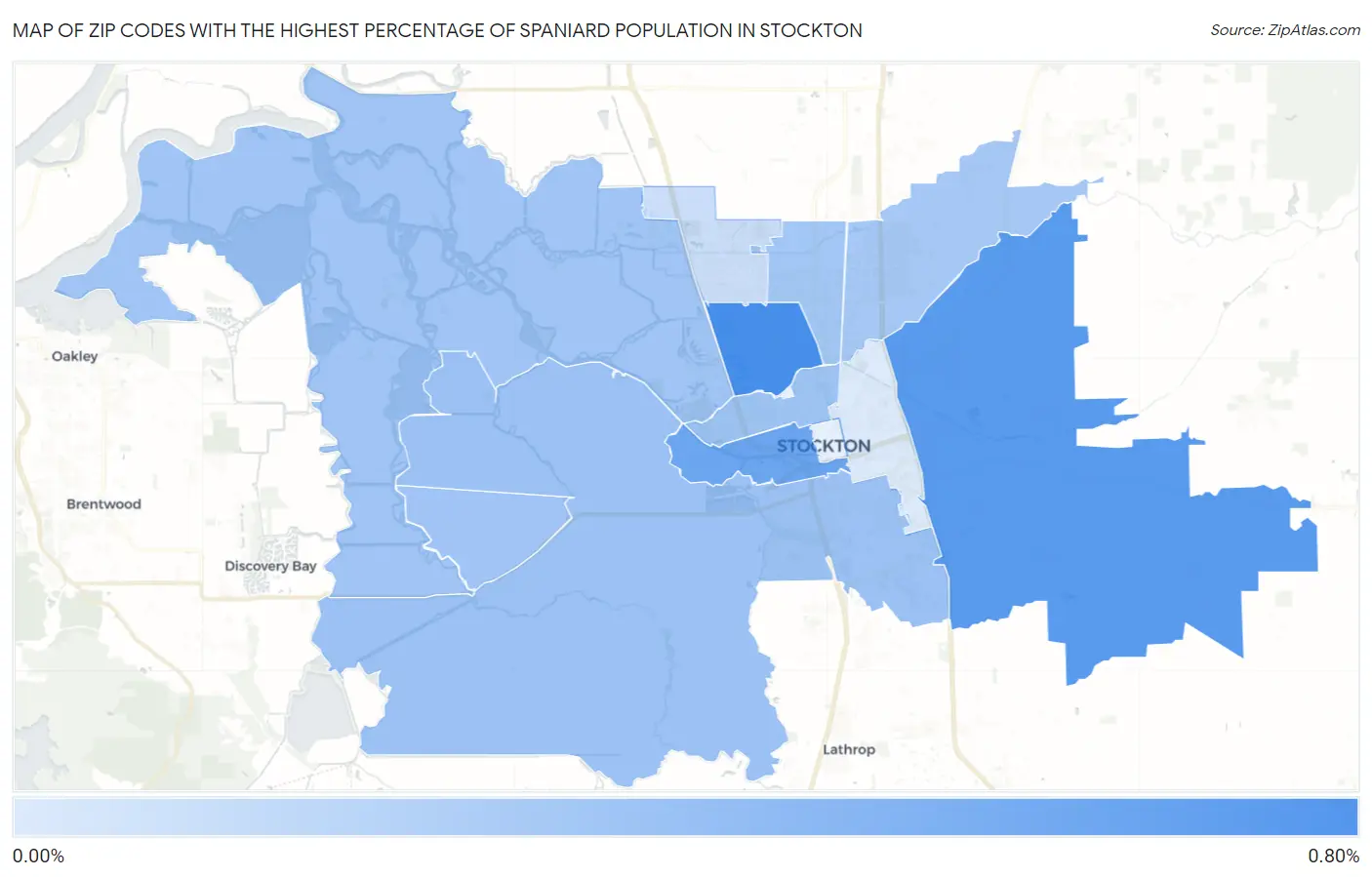 Zip Codes with the Highest Percentage of Spaniard Population in Stockton Map