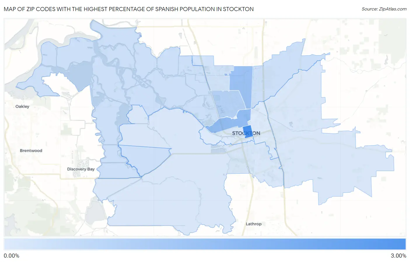 Zip Codes with the Highest Percentage of Spanish Population in Stockton Map