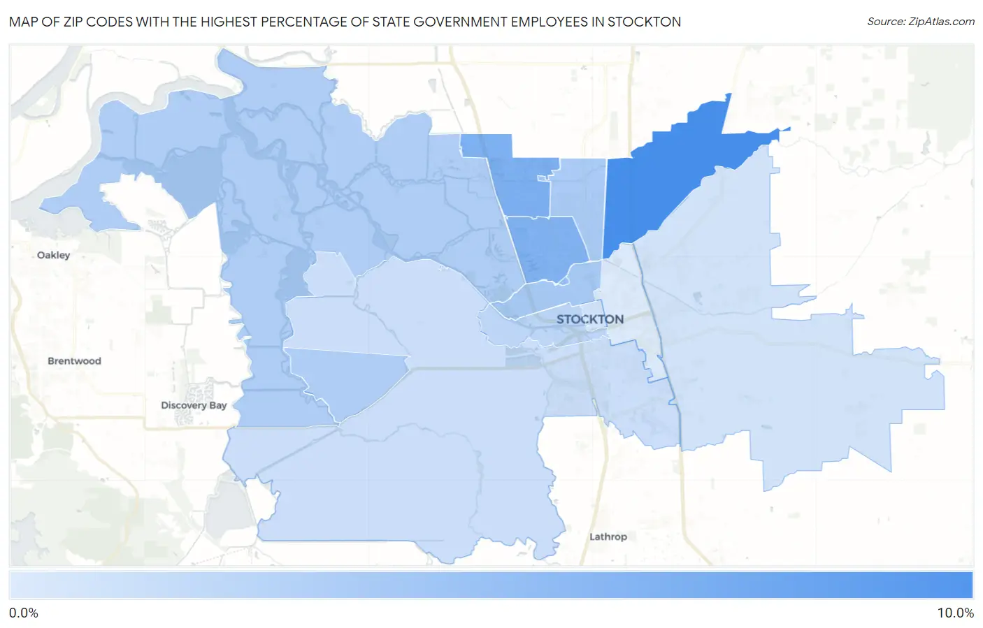 Zip Codes with the Highest Percentage of State Government Employees in Stockton Map