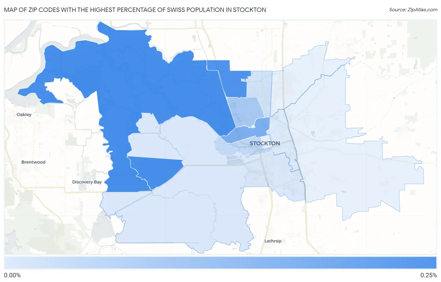 Zip Codes with the Highest Percentage of Swiss Population in Stockton Map