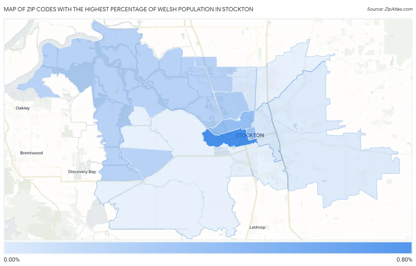 Zip Codes with the Highest Percentage of Welsh Population in Stockton Map