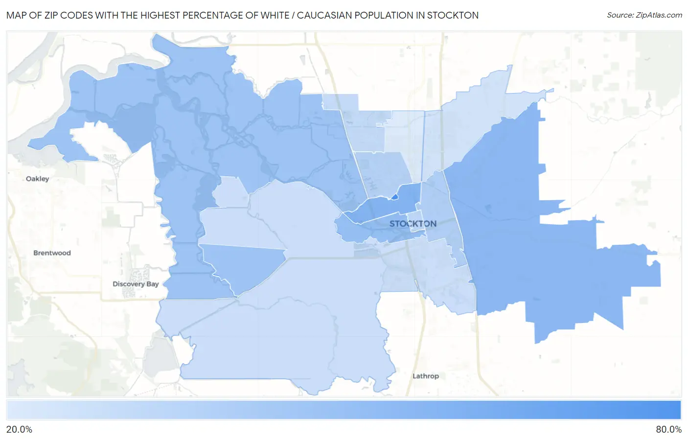 Zip Codes with the Highest Percentage of White / Caucasian Population in Stockton Map