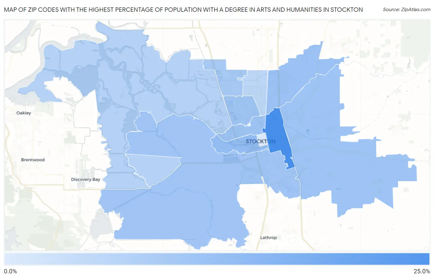 Zip Codes with the Highest Percentage of Population with a Degree in Arts and Humanities in Stockton Map