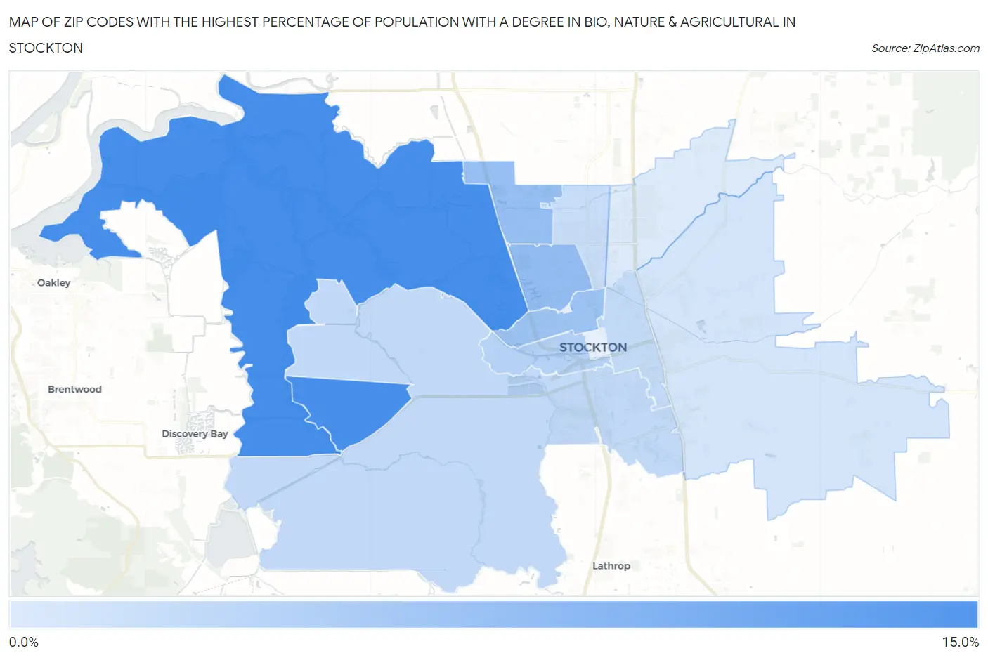 Zip Codes with the Highest Percentage of Population with a Degree in Bio, Nature & Agricultural in Stockton Map