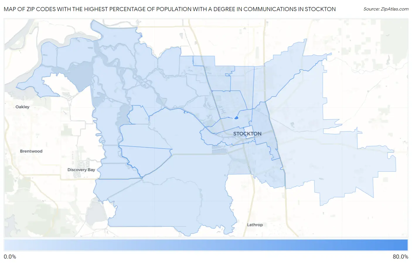 Zip Codes with the Highest Percentage of Population with a Degree in Communications in Stockton Map