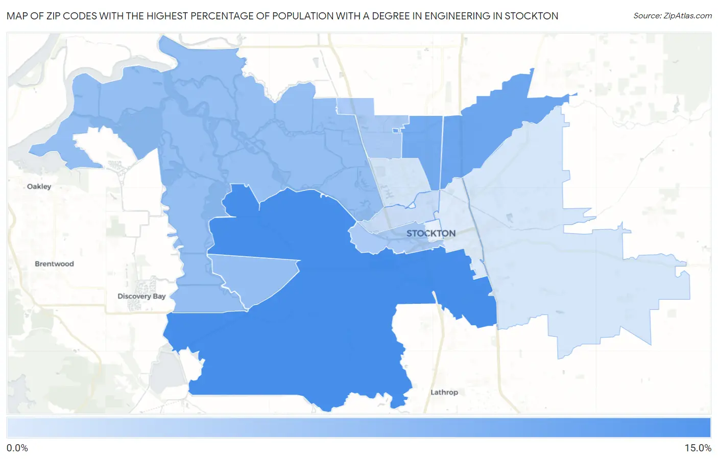 Zip Codes with the Highest Percentage of Population with a Degree in Engineering in Stockton Map