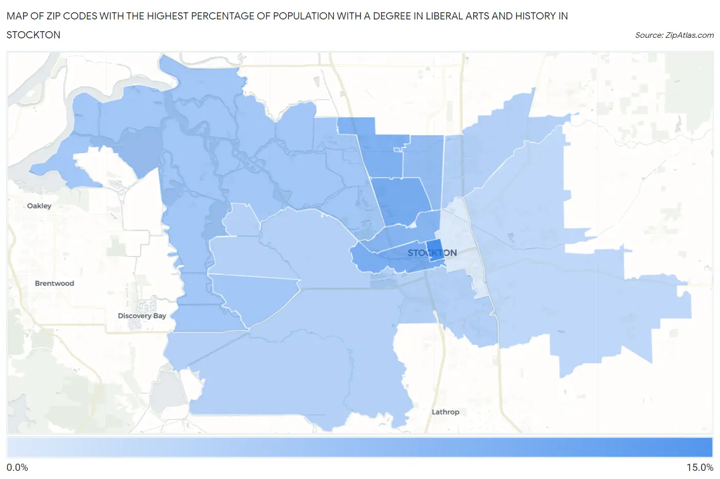 Zip Codes with the Highest Percentage of Population with a Degree in Liberal Arts and History in Stockton Map