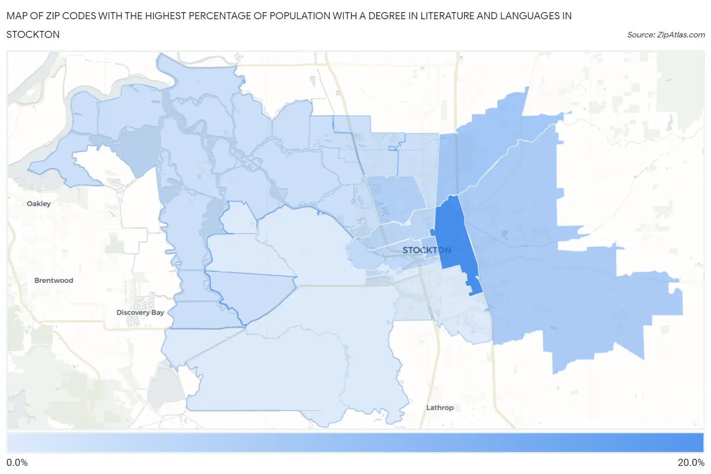 Zip Codes with the Highest Percentage of Population with a Degree in Literature and Languages in Stockton Map