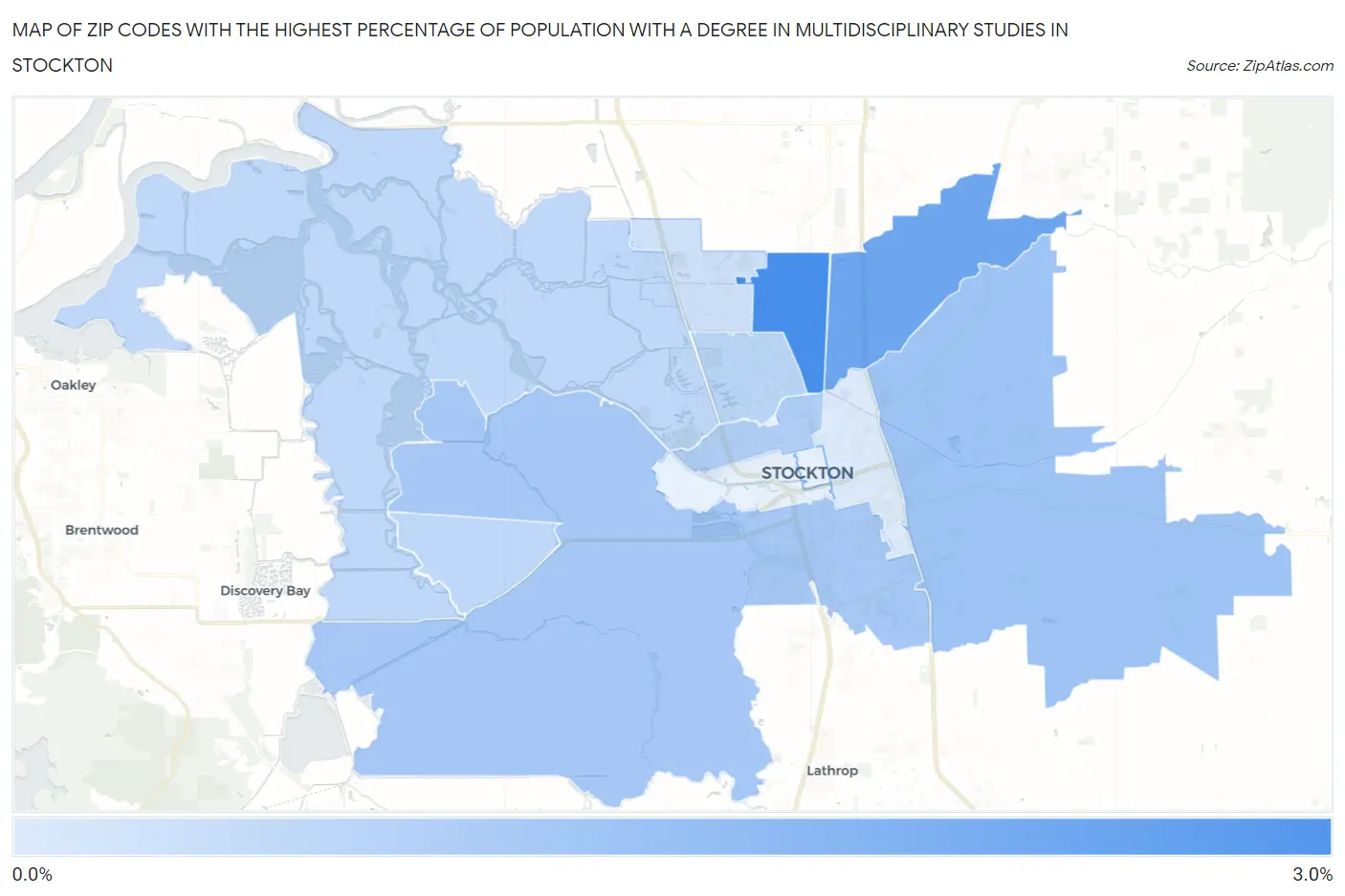Zip Codes with the Highest Percentage of Population with a Degree in Multidisciplinary Studies in Stockton Map
