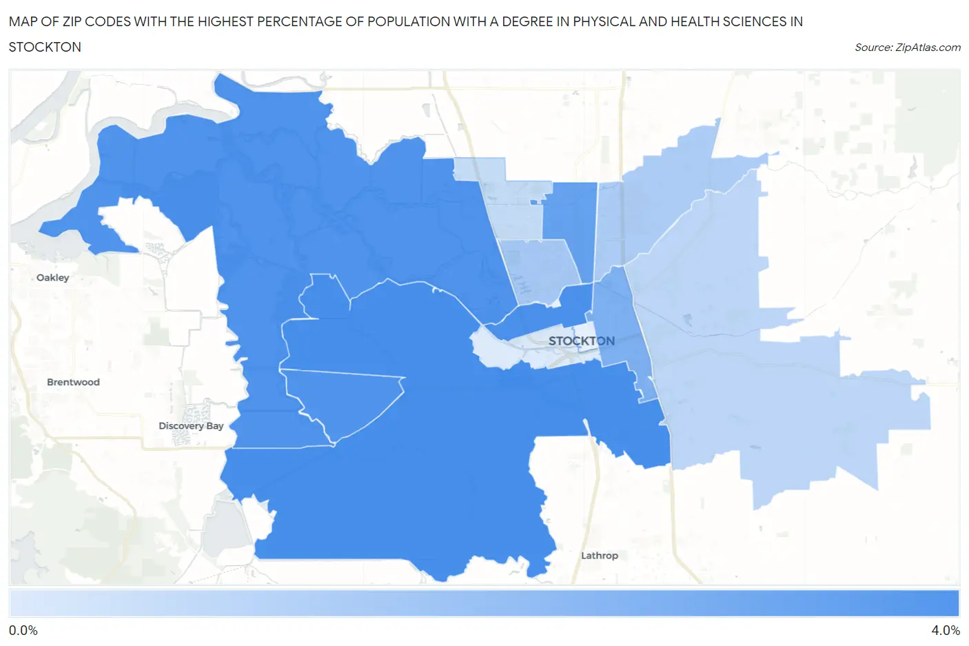 Zip Codes with the Highest Percentage of Population with a Degree in Physical and Health Sciences in Stockton Map