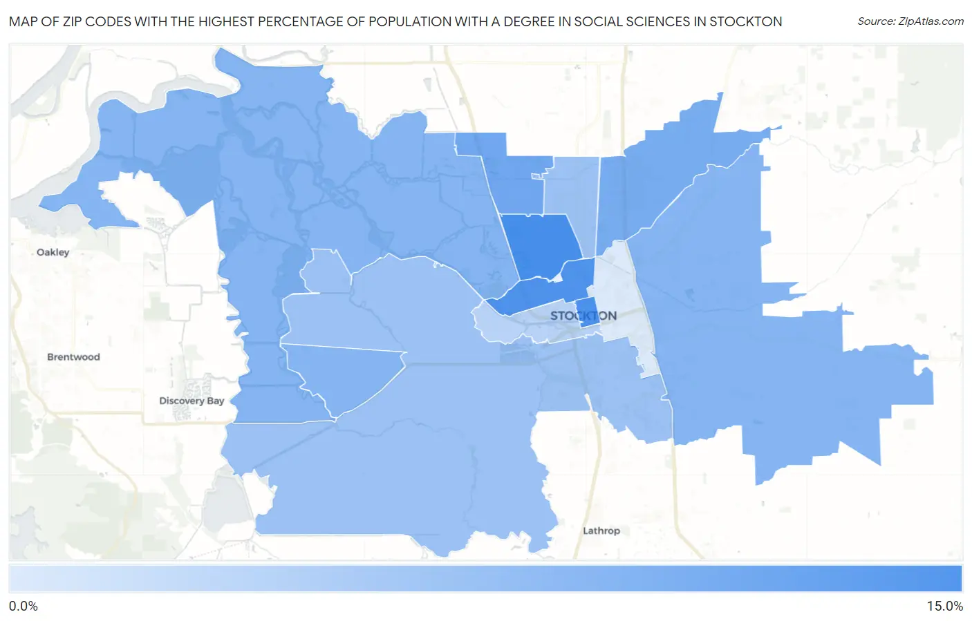 Zip Codes with the Highest Percentage of Population with a Degree in Social Sciences in Stockton Map