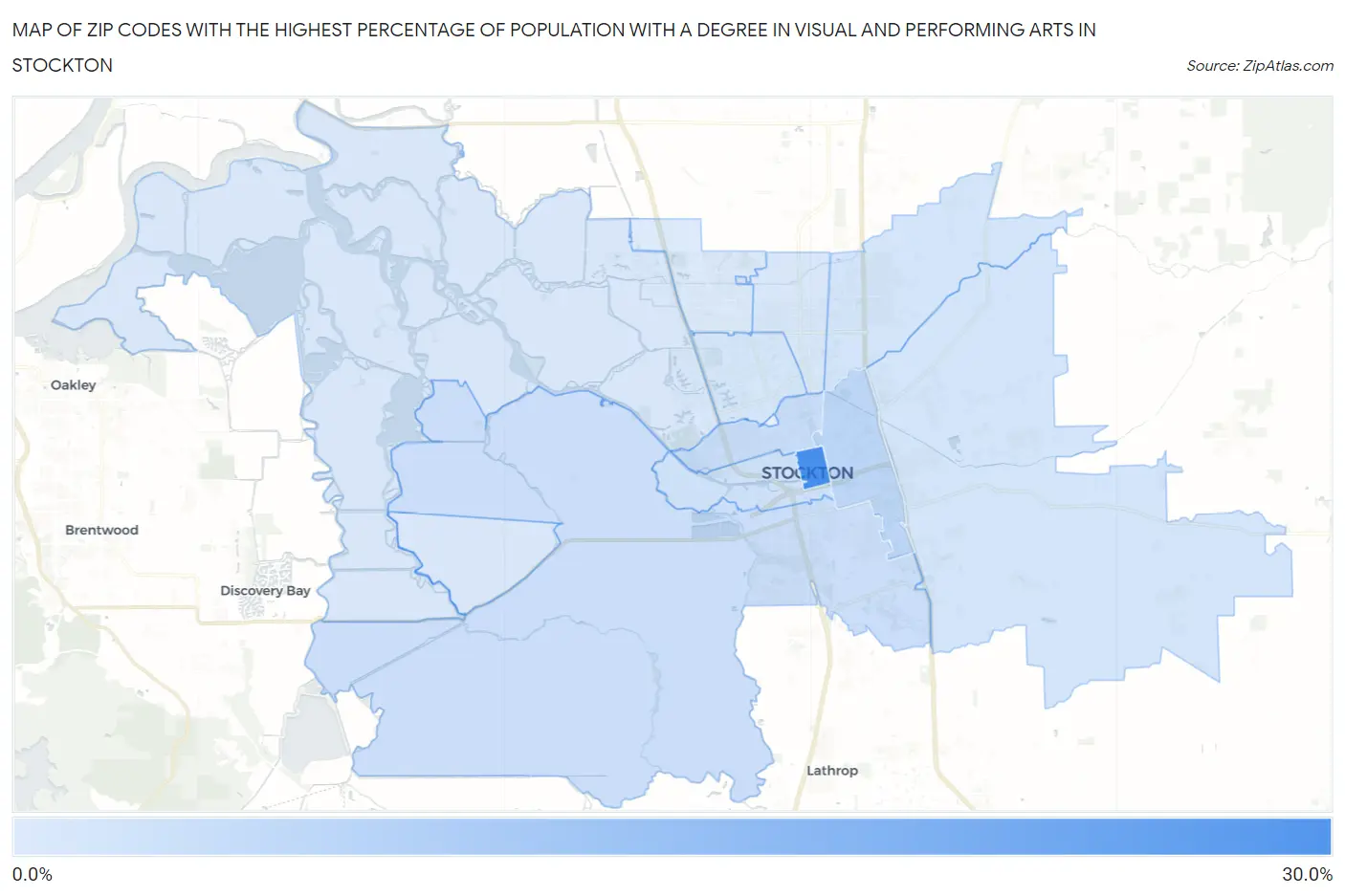 Zip Codes with the Highest Percentage of Population with a Degree in Visual and Performing Arts in Stockton Map