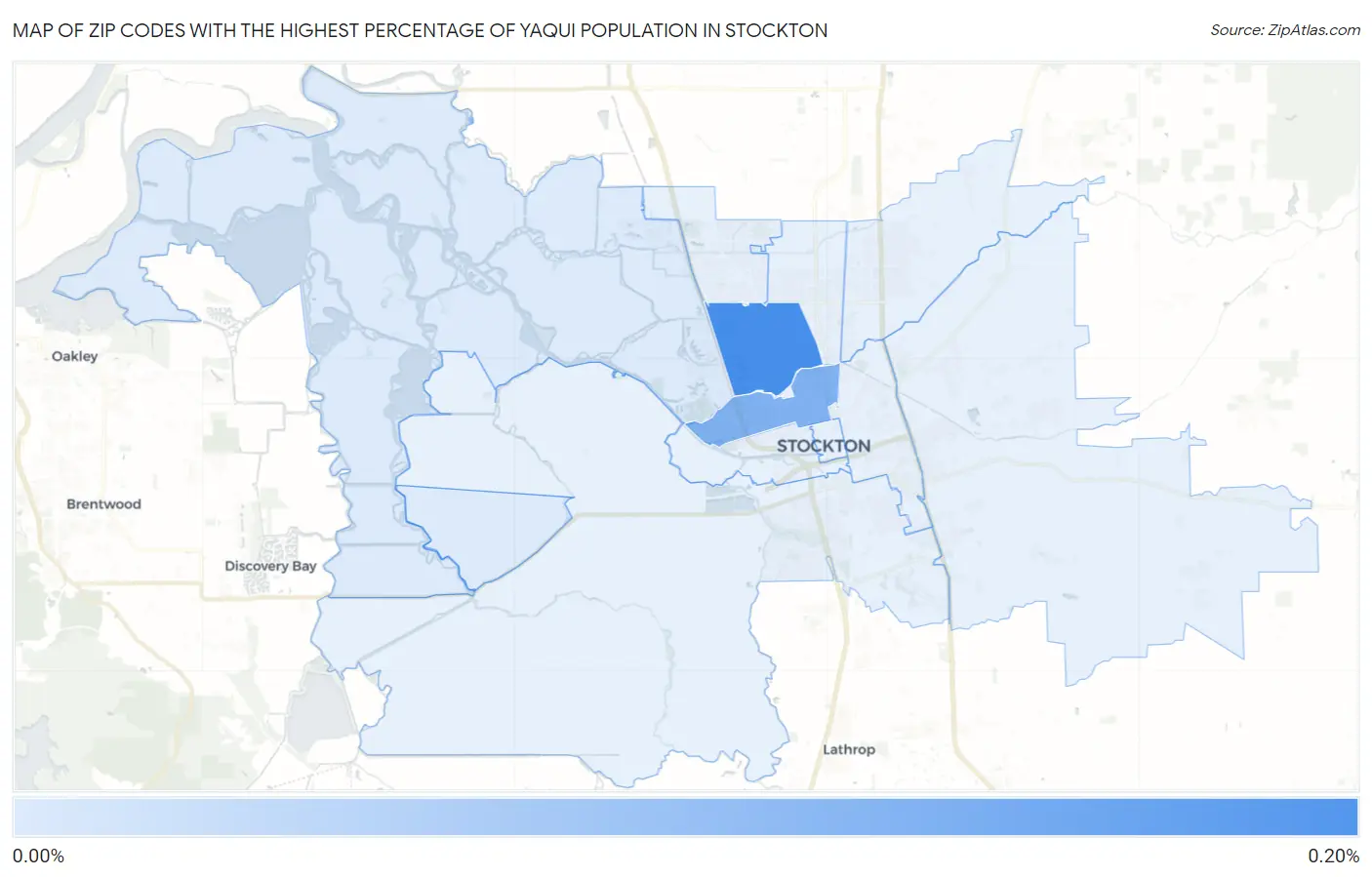 Zip Codes with the Highest Percentage of Yaqui Population in Stockton Map