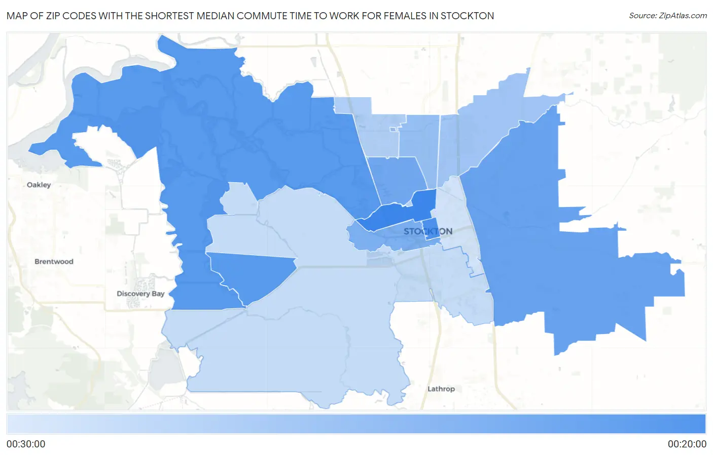 Zip Codes with the Shortest Median Commute Time to Work for Females in Stockton Map