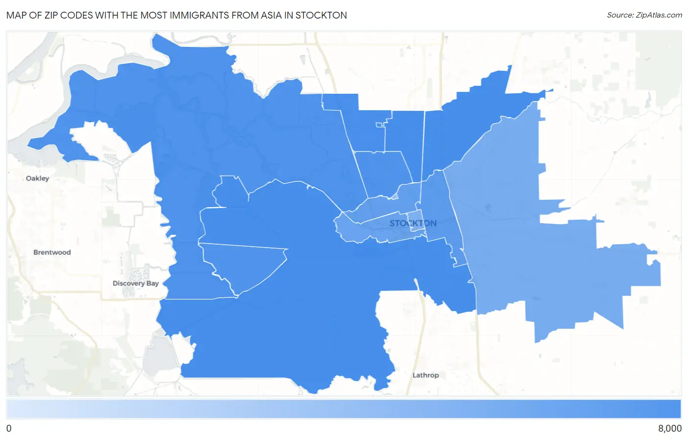 Zip Codes with the Most Immigrants from Asia in Stockton Map