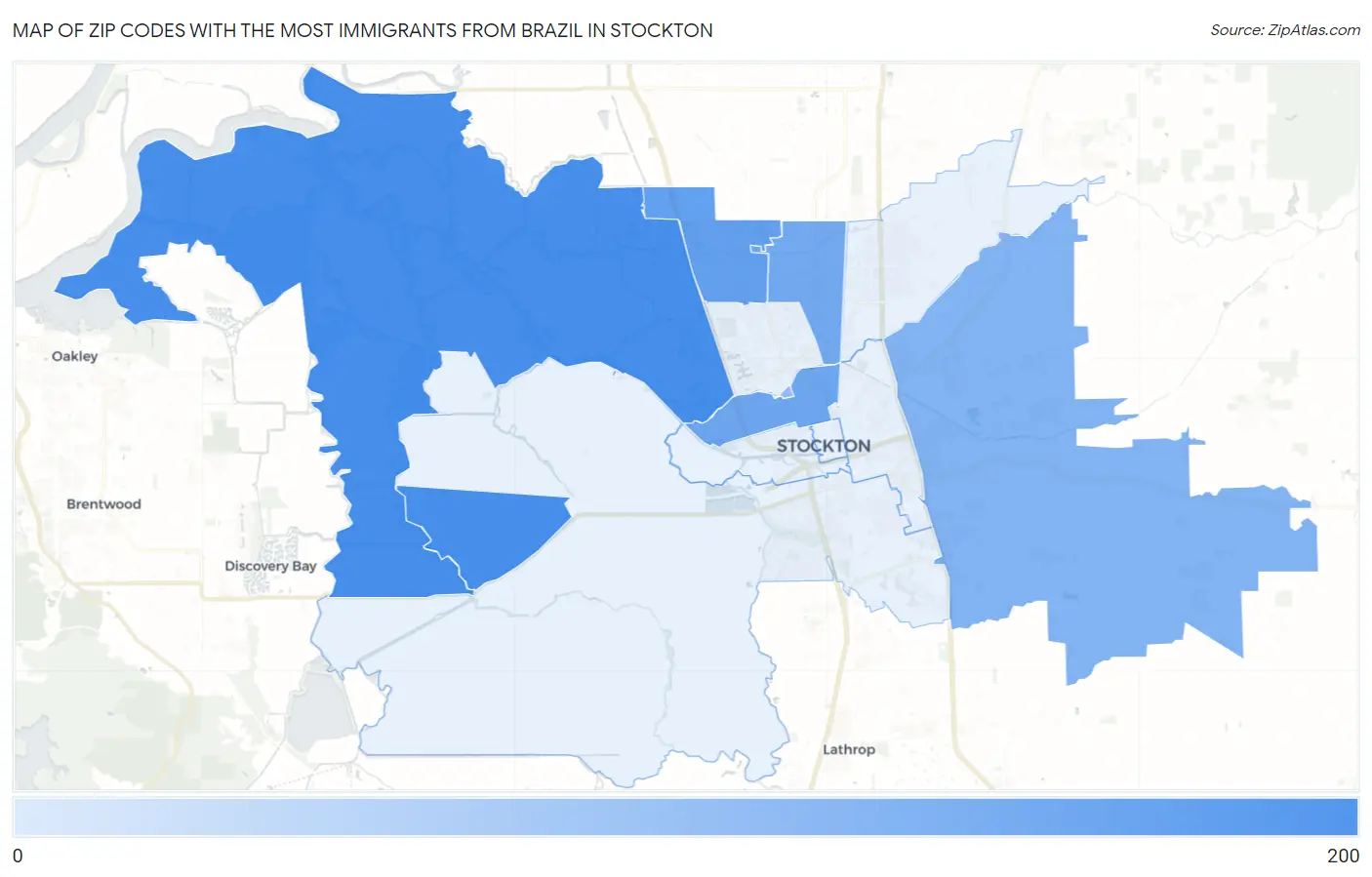 Zip Codes with the Most Immigrants from Brazil in Stockton Map