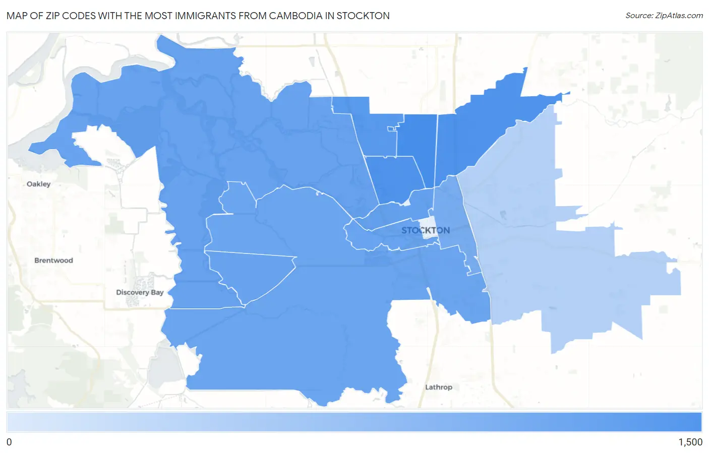 Zip Codes with the Most Immigrants from Cambodia in Stockton Map