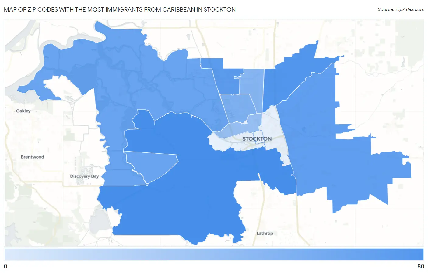 Zip Codes with the Most Immigrants from Caribbean in Stockton Map