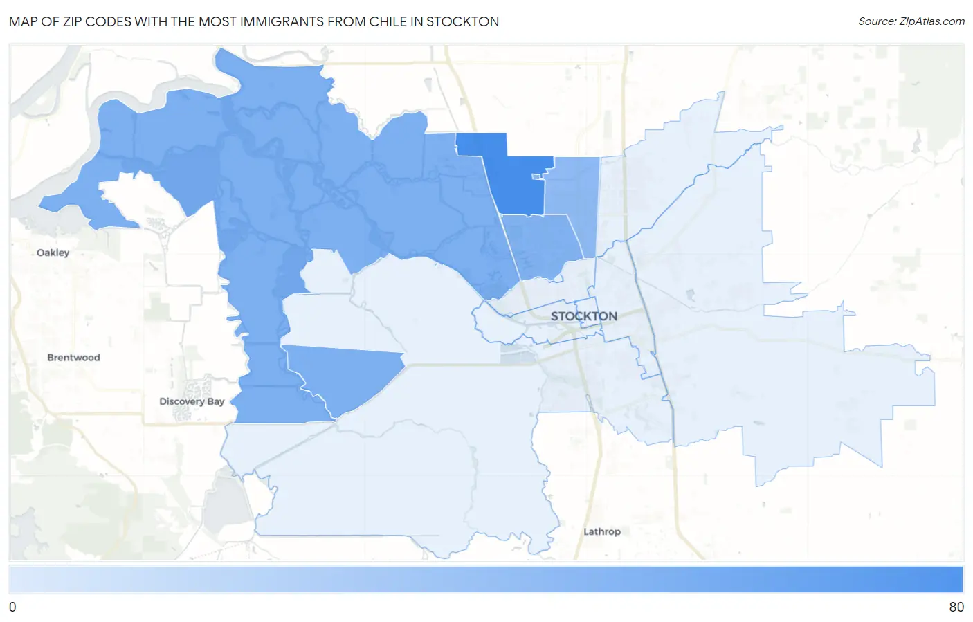 Zip Codes with the Most Immigrants from Chile in Stockton Map
