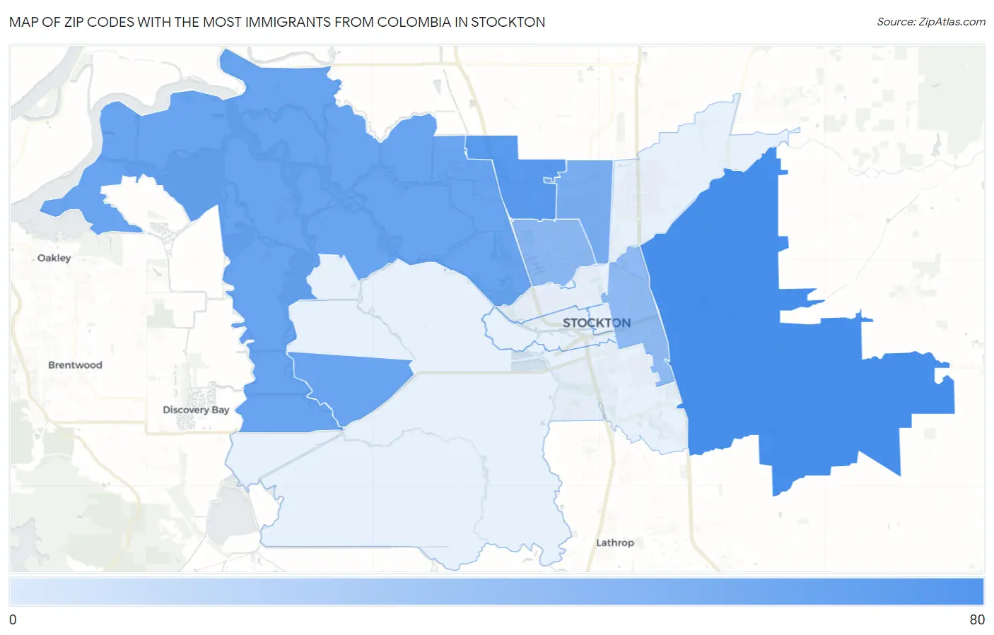 Zip Codes with the Most Immigrants from Colombia in Stockton Map