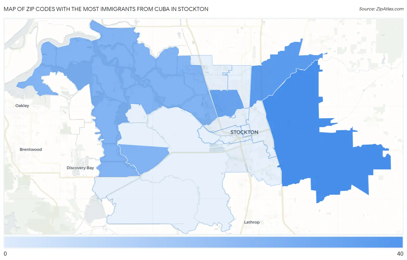 Zip Codes with the Most Immigrants from Cuba in Stockton Map