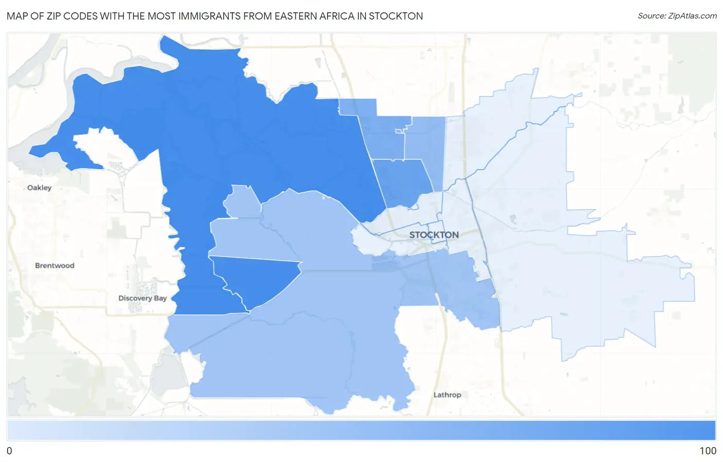 Zip Codes with the Most Immigrants from Eastern Africa in Stockton Map